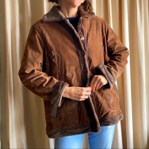 Awesome Vegan Suede-Look Embroidered Fuzzy-Lined Coat